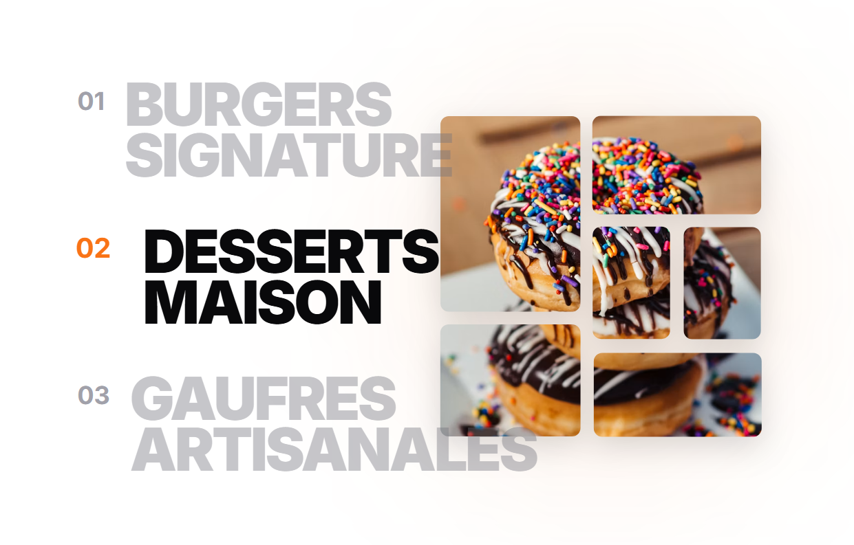 Vitrine animée des spécialités — menu interactif avec donuts en composition